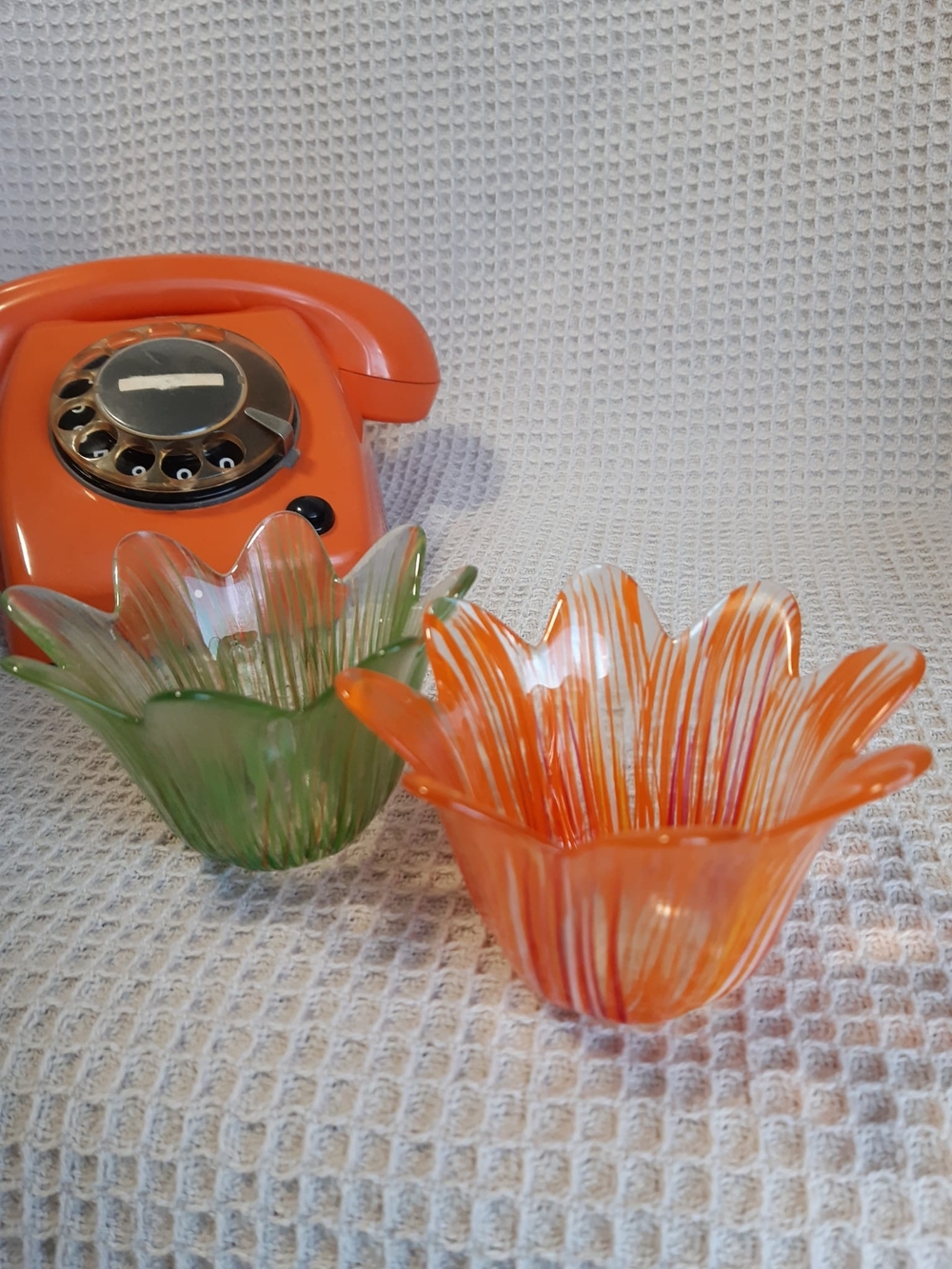 Orange & Green Glass Flower Vintage Candle Holders